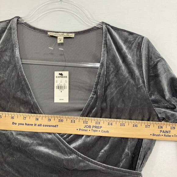 Vintage NWT Express Medium Gray Velvet Stretch Wrap Tie Back Fitted Top Y2K - Picture 6 of 10